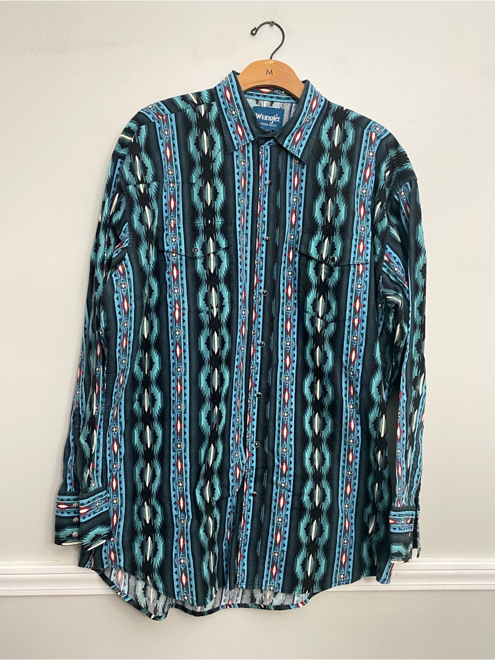 Vintage Wrangler Western Brushpopper Pearl Snap Aztec Blue - XLT